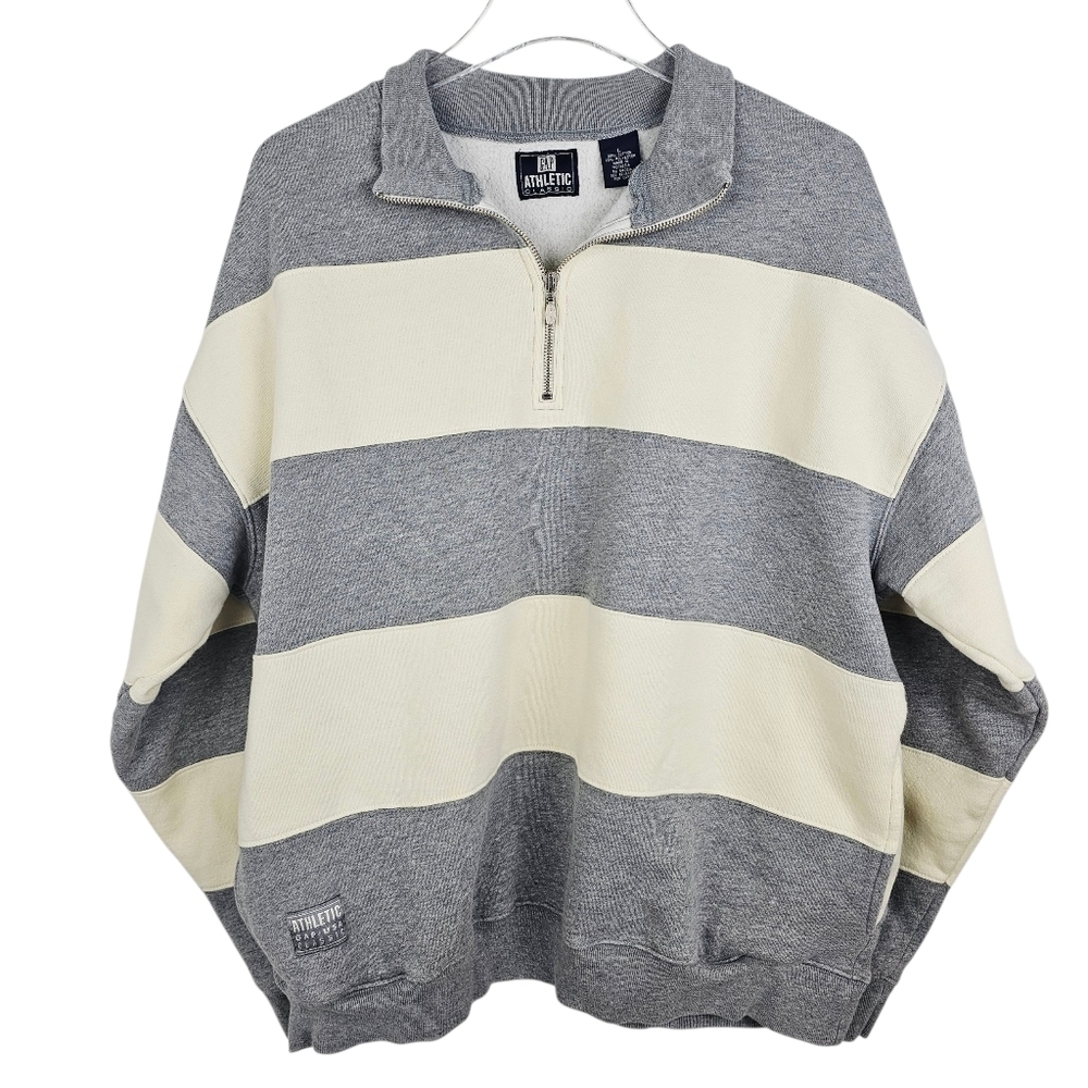 Vintage Gap Athletic Classic 1/4 Zip Sweatshirt Striped Gray Cream size Large